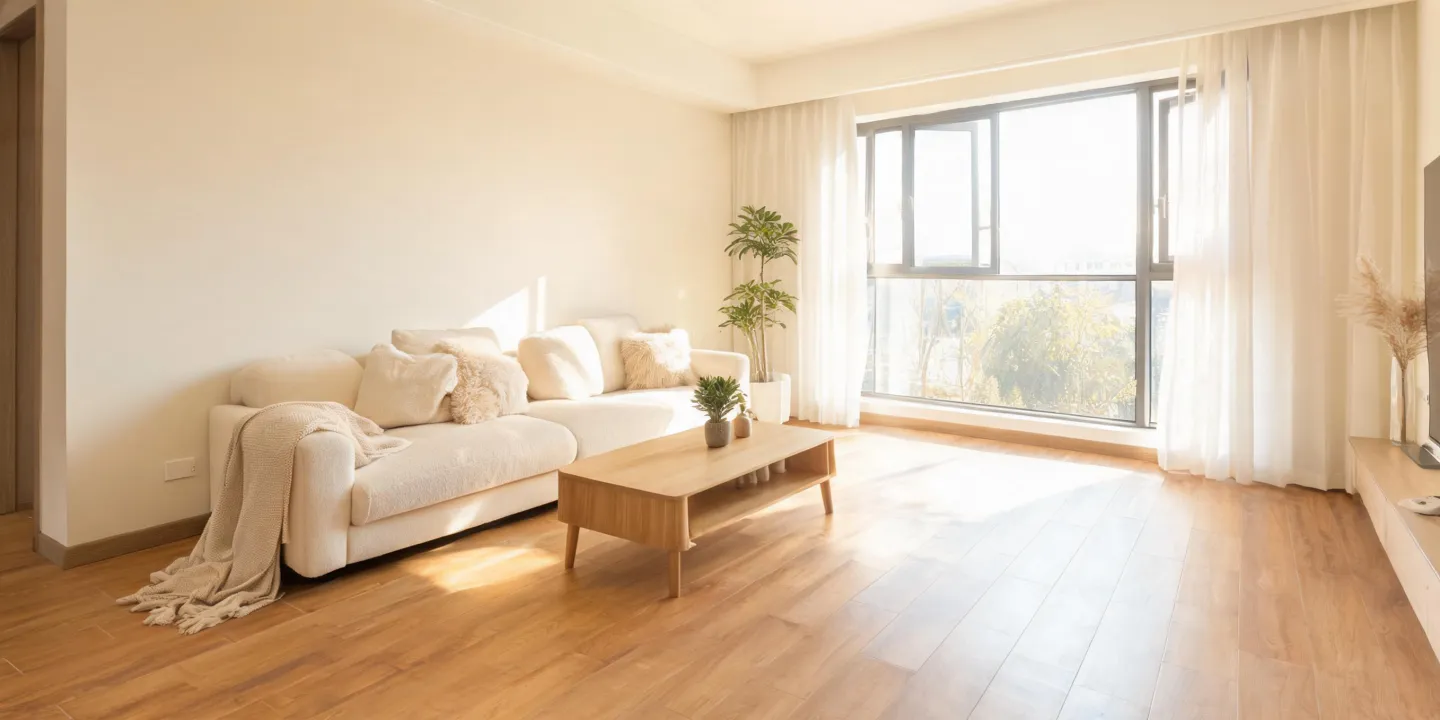 Shaw luxury vinyl plank living room with warm daylight