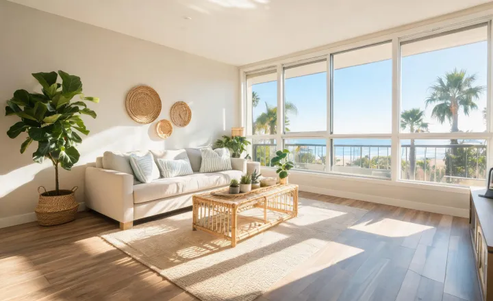 West coast living room with sunlit LVP