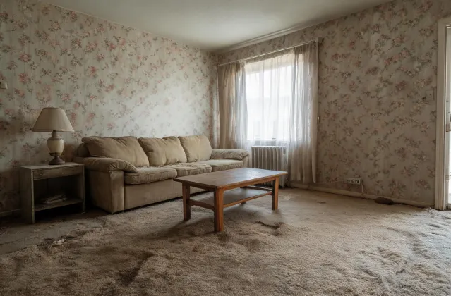 Before renovation living room with tired carpet